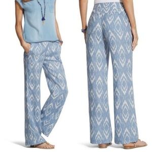 Chicos blue/cream linen ikat wide leg pants Southwest Beachy Resort size 10